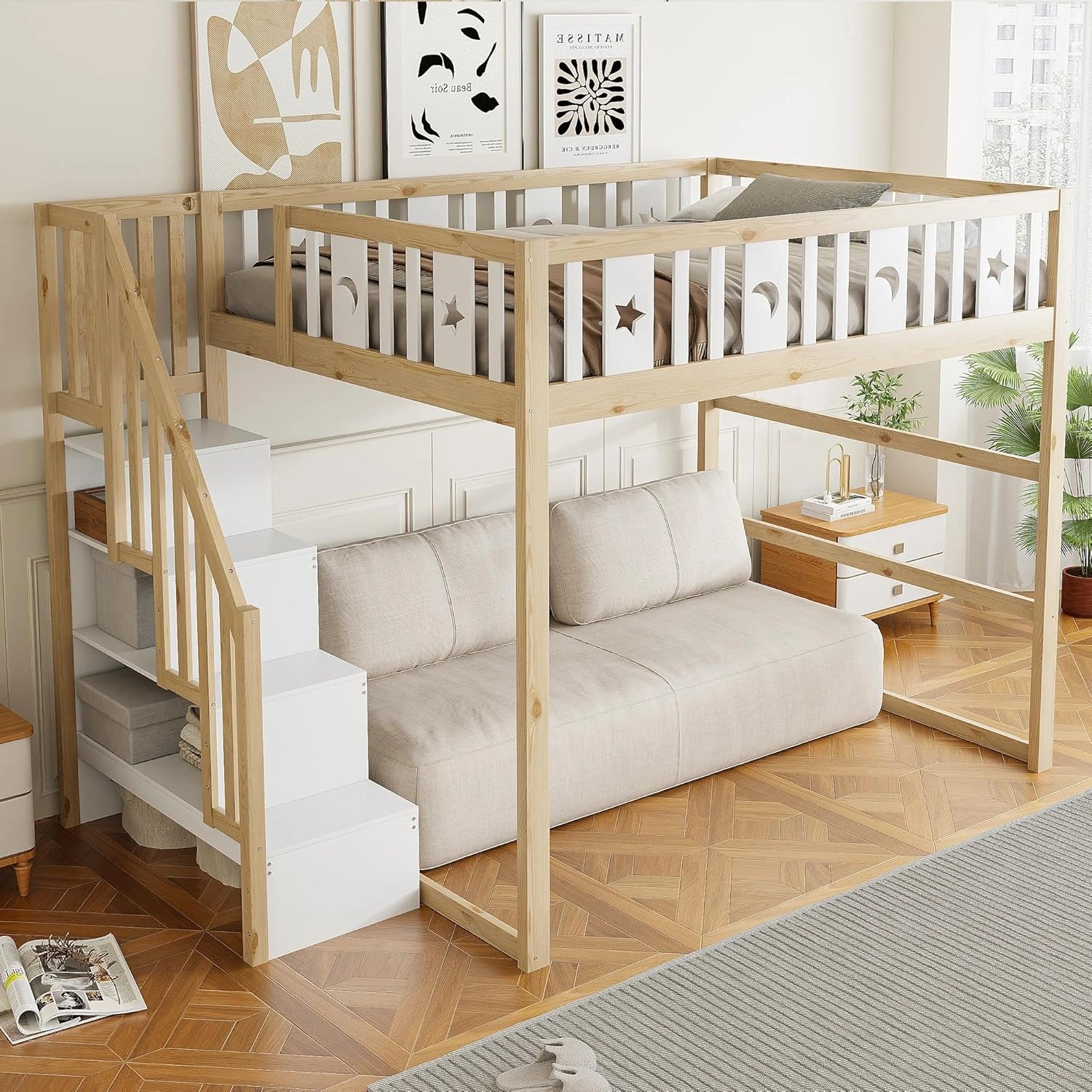 Lit mezzanine enfant Merax en bois massif 140x200 cm avec escalier int¨¦gr¨¦